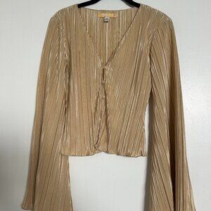 Urban Outfitters Gold/Cream Sheen Blouse with Bell Sleeves - XS